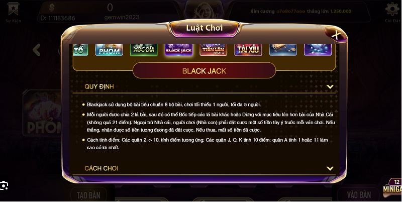 Hướng dẫn cách chơi game bài Blackjack khi tai GemWin